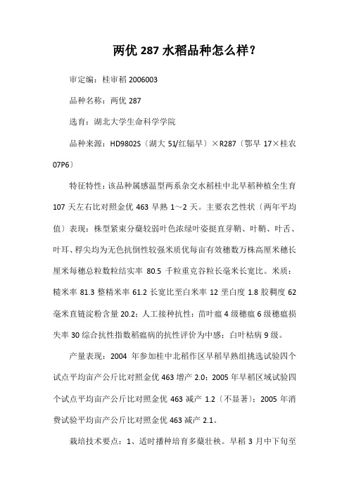 两优287水稻品种好不好？