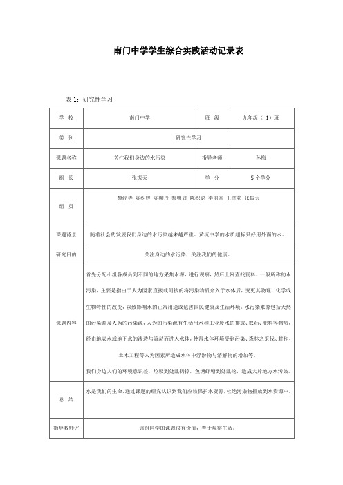 南门中学学生综合实践活动记录表