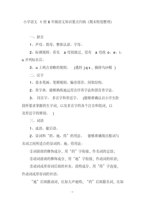小学语文1到6年级语文知识要点归纳(期末特别整理)