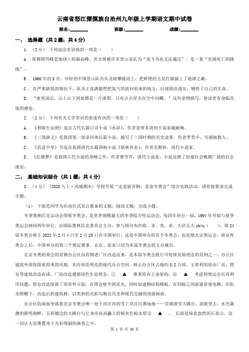 云南省怒江傈僳族自治州九年级上学期语文期中试卷