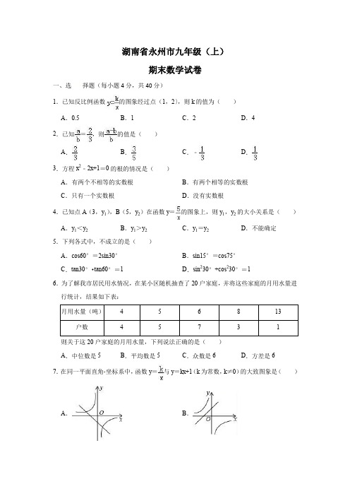 湖南省永州市九年级(上)期末数学试卷(附解析)