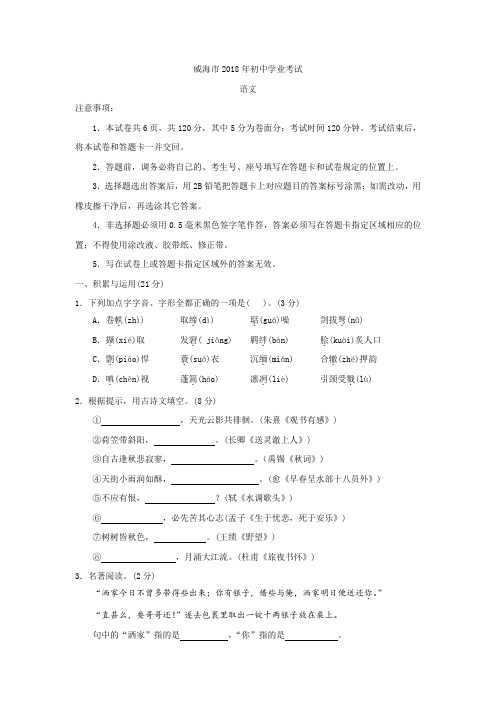 2018年威海中考语文真题(含答案)