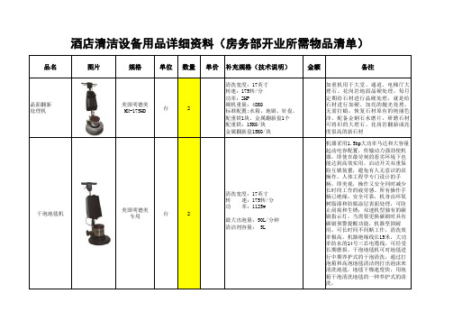 酒店房务部开业所需清洁设备用品清单方案1230