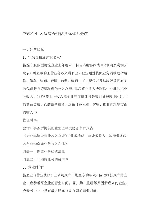 综合型物流企业A级综合评估指标体系分解