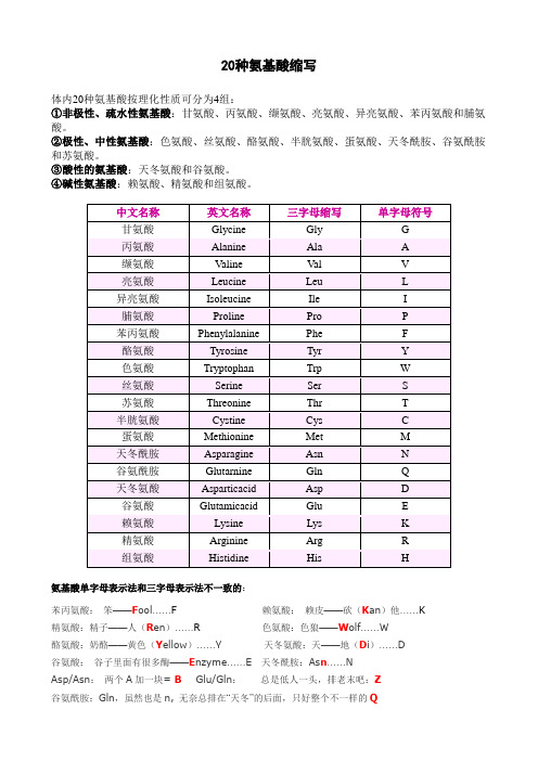 20种常见氨基酸的名称和结构式