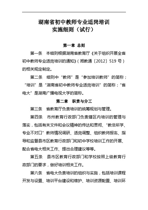 湖南省初中教师专业适岗培训实施细则(试行)[1]