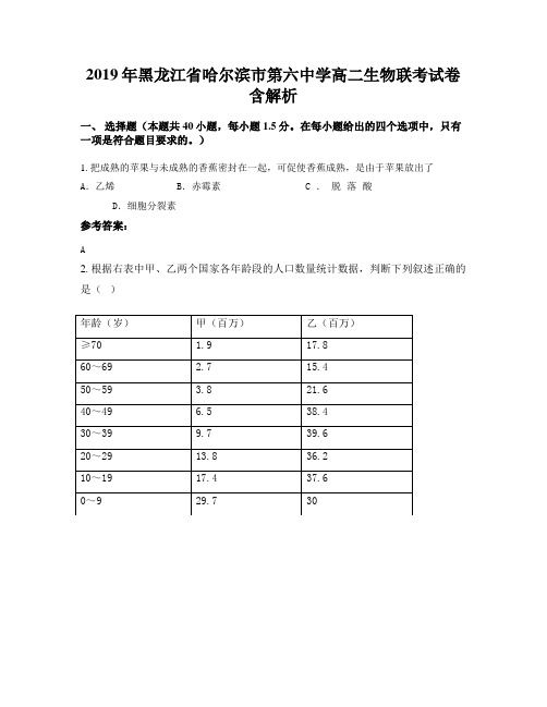2019年黑龙江省哈尔滨市第六中学高二生物联考试卷含解析