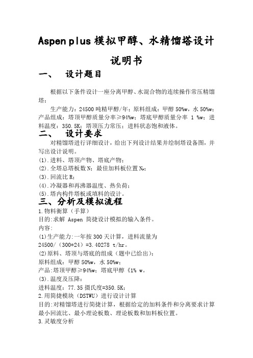 Aspen-plus模拟甲醇、水精馏塔设计说明书