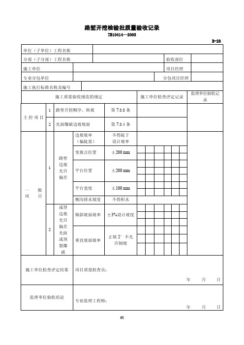路堑开挖检验批质量验收记录