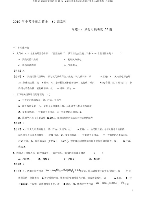 专题03最有可能考的30题-2019年中考化学走出题海之黄金30题系列(解析版)