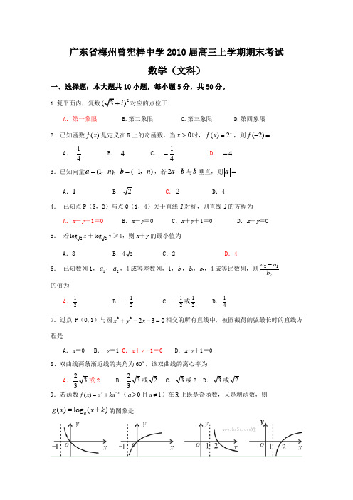 广东省梅州曾宪梓中学2010届高三上学期期末考试(数学文)