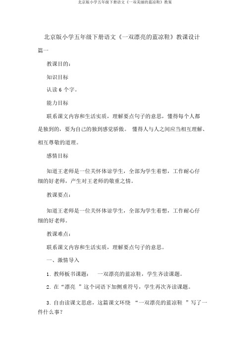 北京版小学五年级下册语文《一双美丽的蓝凉鞋》教案