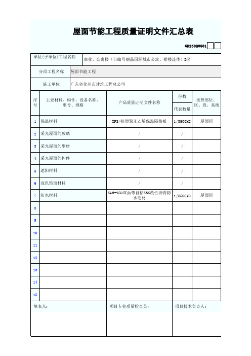 屋面质量证明文件汇总表