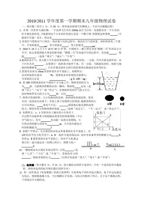 2010／2011学年度第一学期期末九年级物理试卷