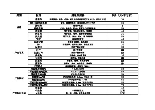 广告材料系列价格表