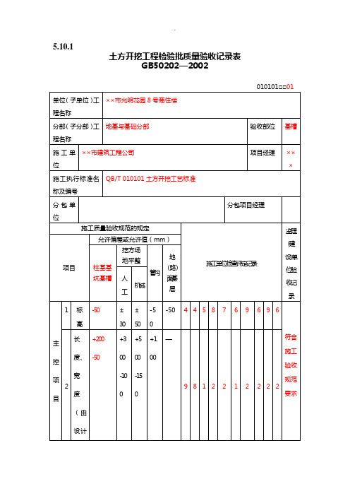 土方开挖工程检验批填写范例