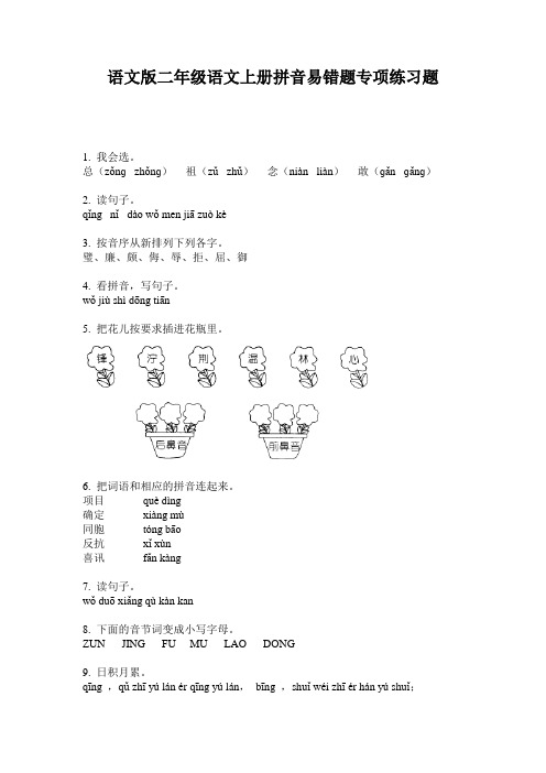 语文版二年级语文上册拼音易错题专项练习题