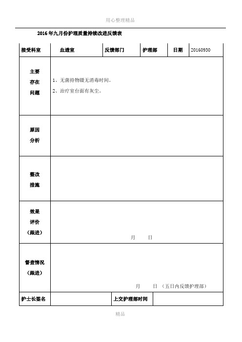 2016年血透室护理质量持续改进反馈表