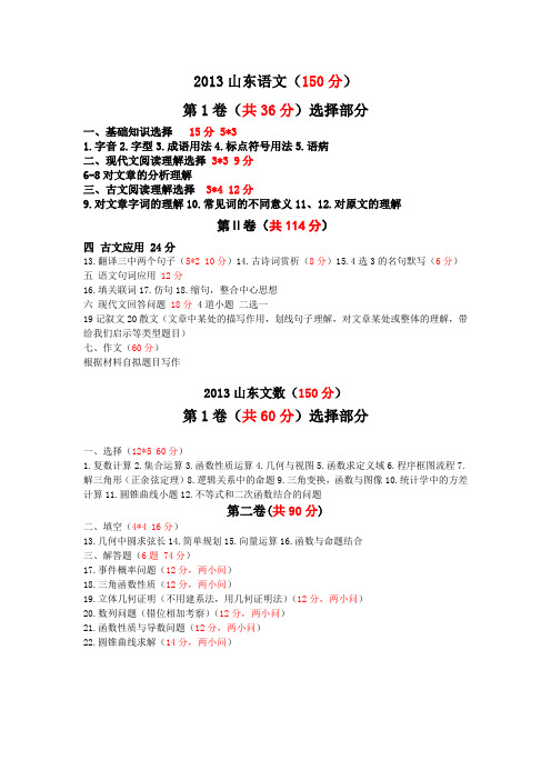 2013山东高考试卷分值和考点分析