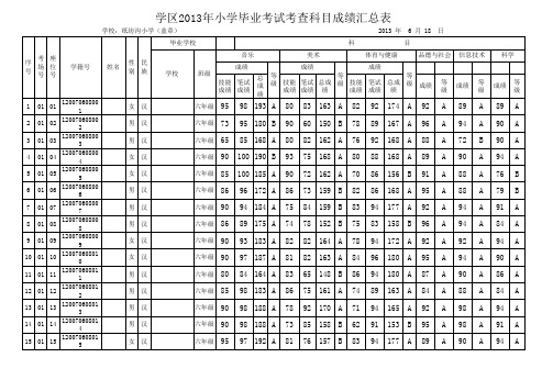 2013年小学毕业考试考查科目成绩汇总表