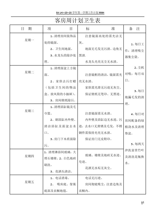 客房周计划卫生表