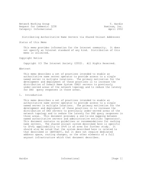 rfc3258.Distributing Authoritative Name Servers via Shared Unicast Addresses