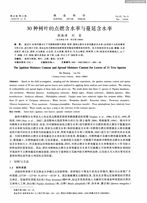 30种树叶的点燃含水率与蔓延含水率