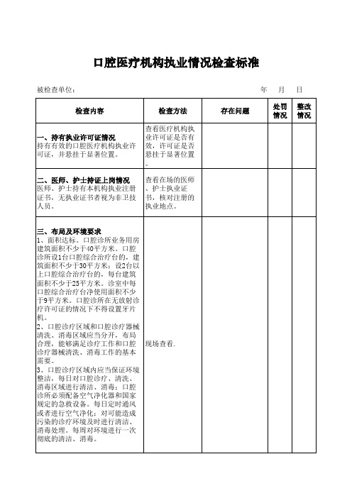 口腔医疗机构执业情况检查标准