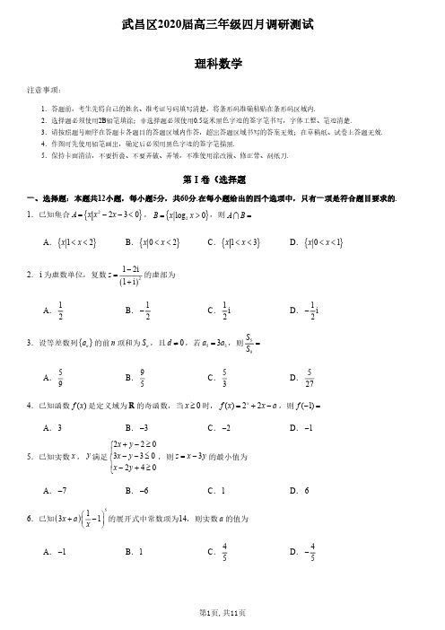 武昌区2020届高三4月调考理科数学试卷及其答案