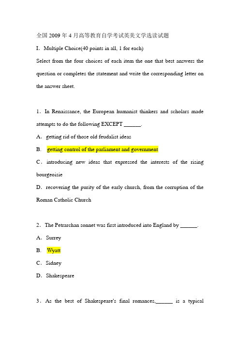 全国2009年4月高等教育自学考试英美文学选读试题及答案