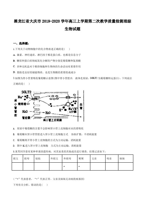 2020届黑龙江省大庆市高三上学期第二次教学质量检测理综生物试题(原卷版)