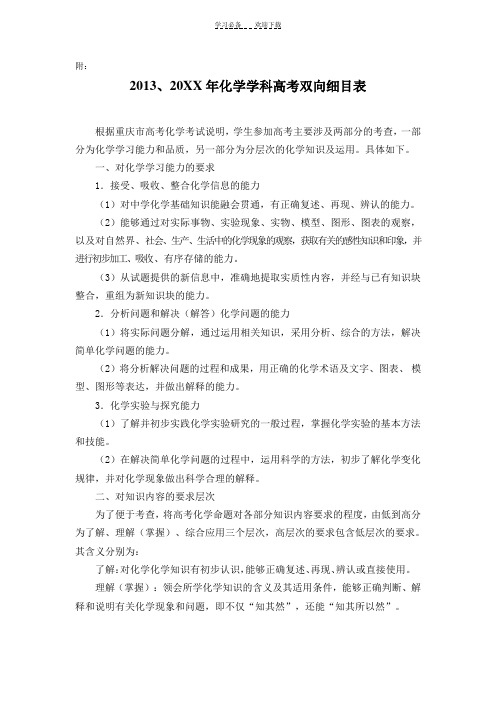 高考化学双向细目表 