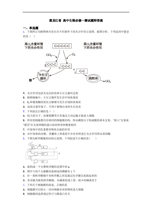 黑龙江省 高中生物必修一测试题附答案