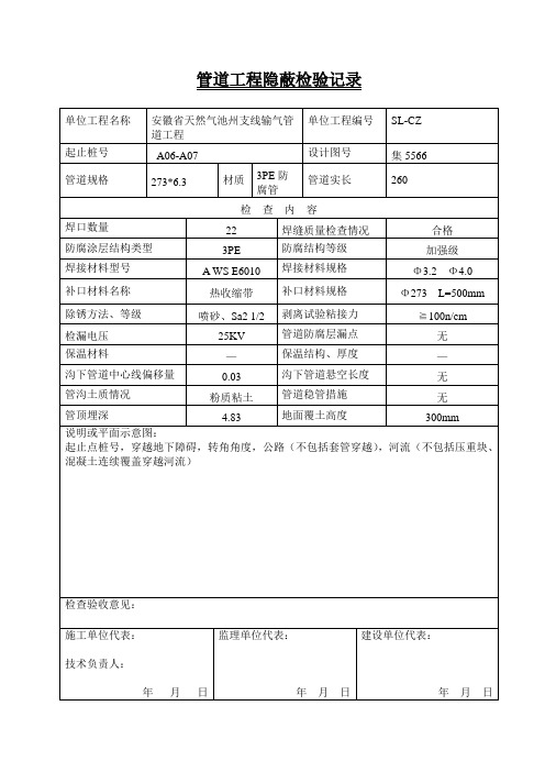 管道工程隐蔽检验记录