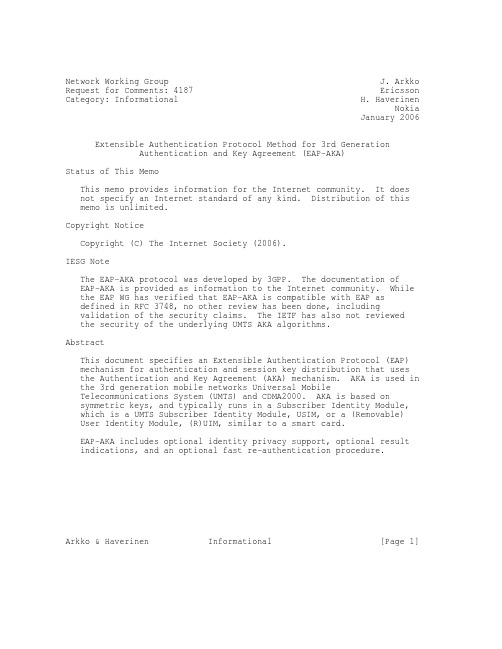 rfc4187.Extensible Authentication Protocol Method for 3rd Generation Authentication and Key Agreemen