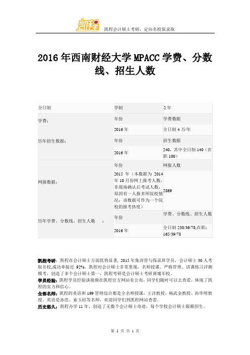 2016年西南财经大学MPACC学费、分数线、招生人数