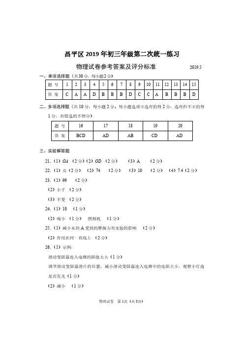 北京市昌平区2019初三二模物理试卷答案
