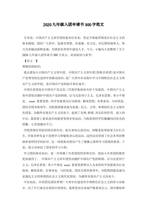 2020年最新九年级入团申请书300字范文