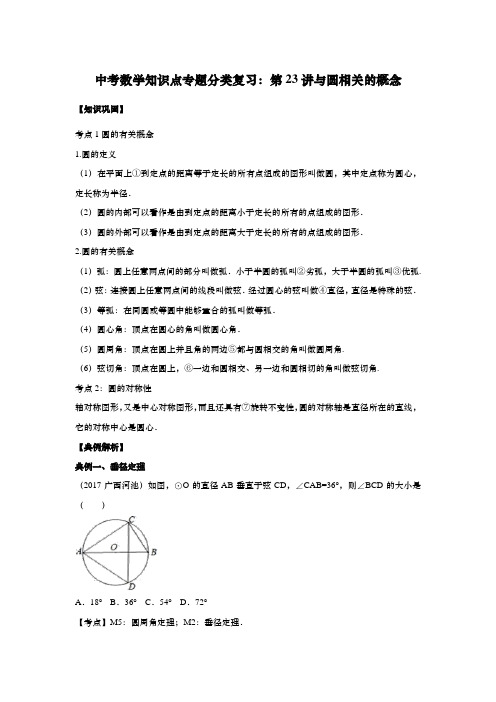 中考数学知识点专题分类复习：第23讲与圆相关的概念