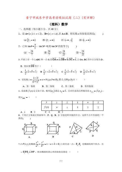普宁市城东中学高考前模拟试题(二)(有详解)