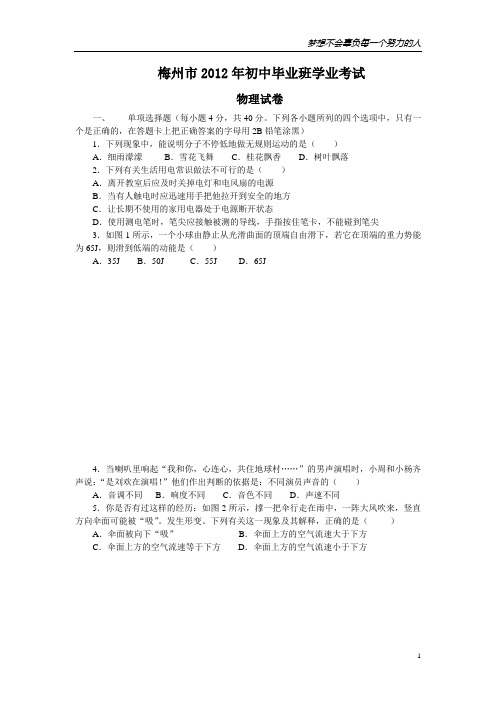 2012年广东省梅州市中考物理试题及答案(word版)