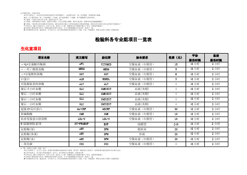 检验科各专业组项目一览表