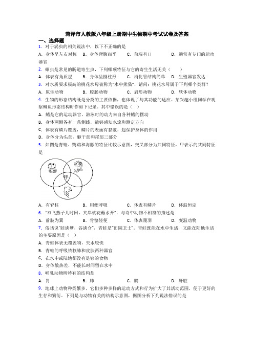 菏泽市人教版八年级上册期中生物期中考试试卷及答案