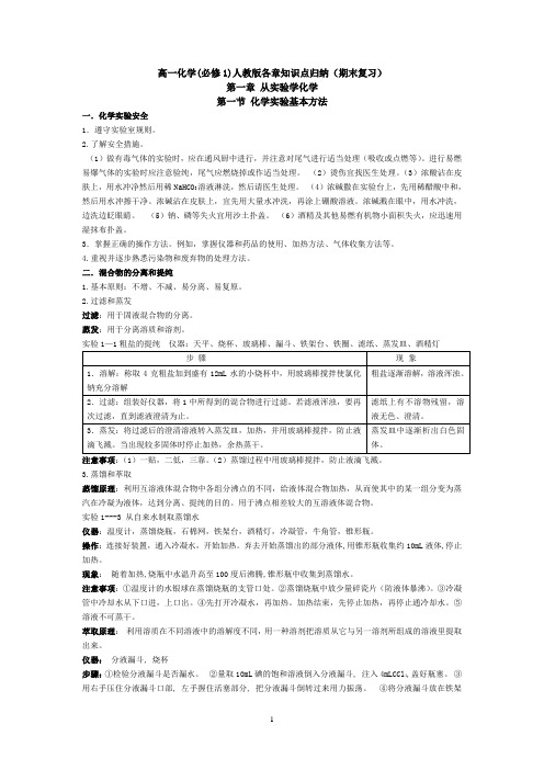 高一化学(必修1)人教版各章知识点归纳(期末复习)