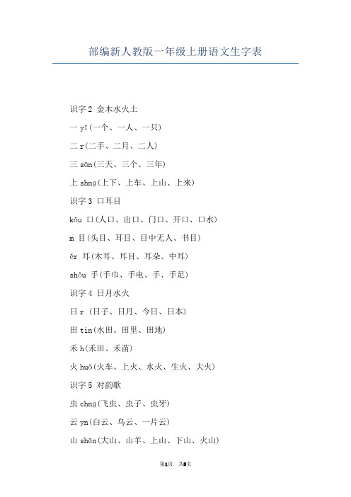 部编新人教版一年级上册语文生字表