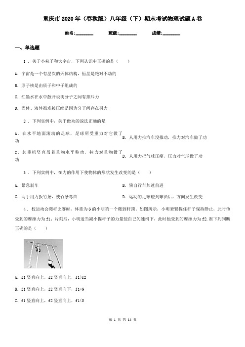 重庆市2020年(春秋版)八年级(下)期末考试物理试题A卷