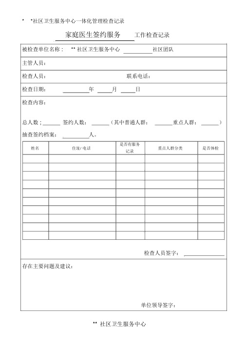 社区卫生服务中心一体化管理分工协作工作考核记录表