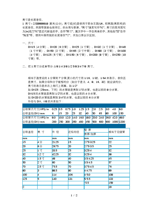 公称管子尺寸和公称直径对照表