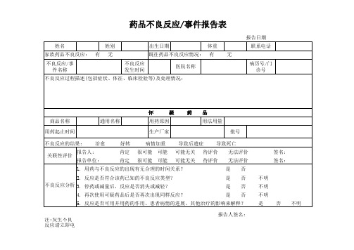 药物不良反应表