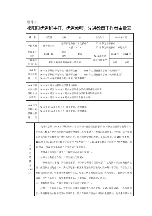 祁阳县优秀班主任、优秀教师、先进教育工作者审批表(向阳小学刘芝芬)